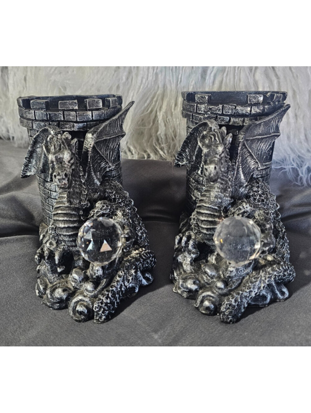 Mythical Dragons Holding Crystal Balls Castle Bookends Gray & Black 5X4 Fantasy